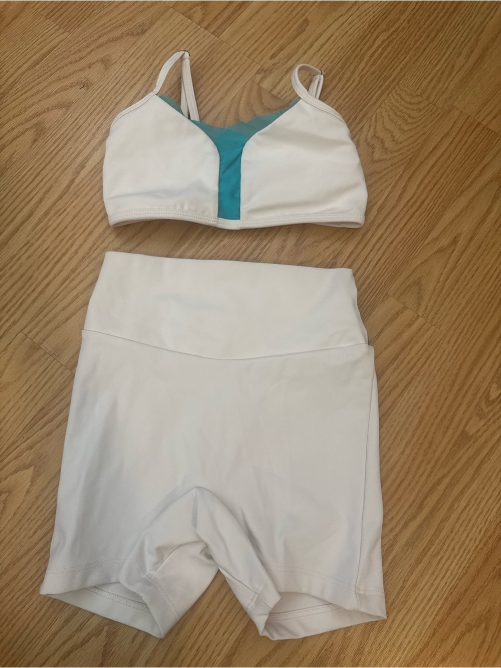 White & Teal Girl’s Five Dancewear Bralette and High-Waist Shorts Set